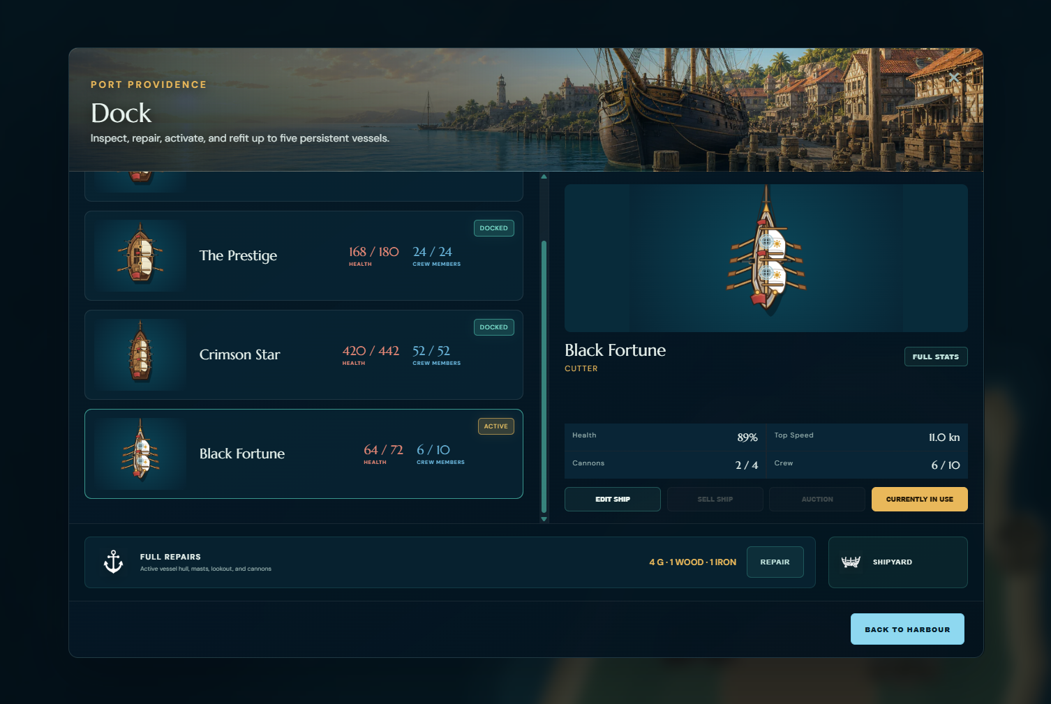 The dock showing your ships, repairs, crew, stored goods, and chosen ship
