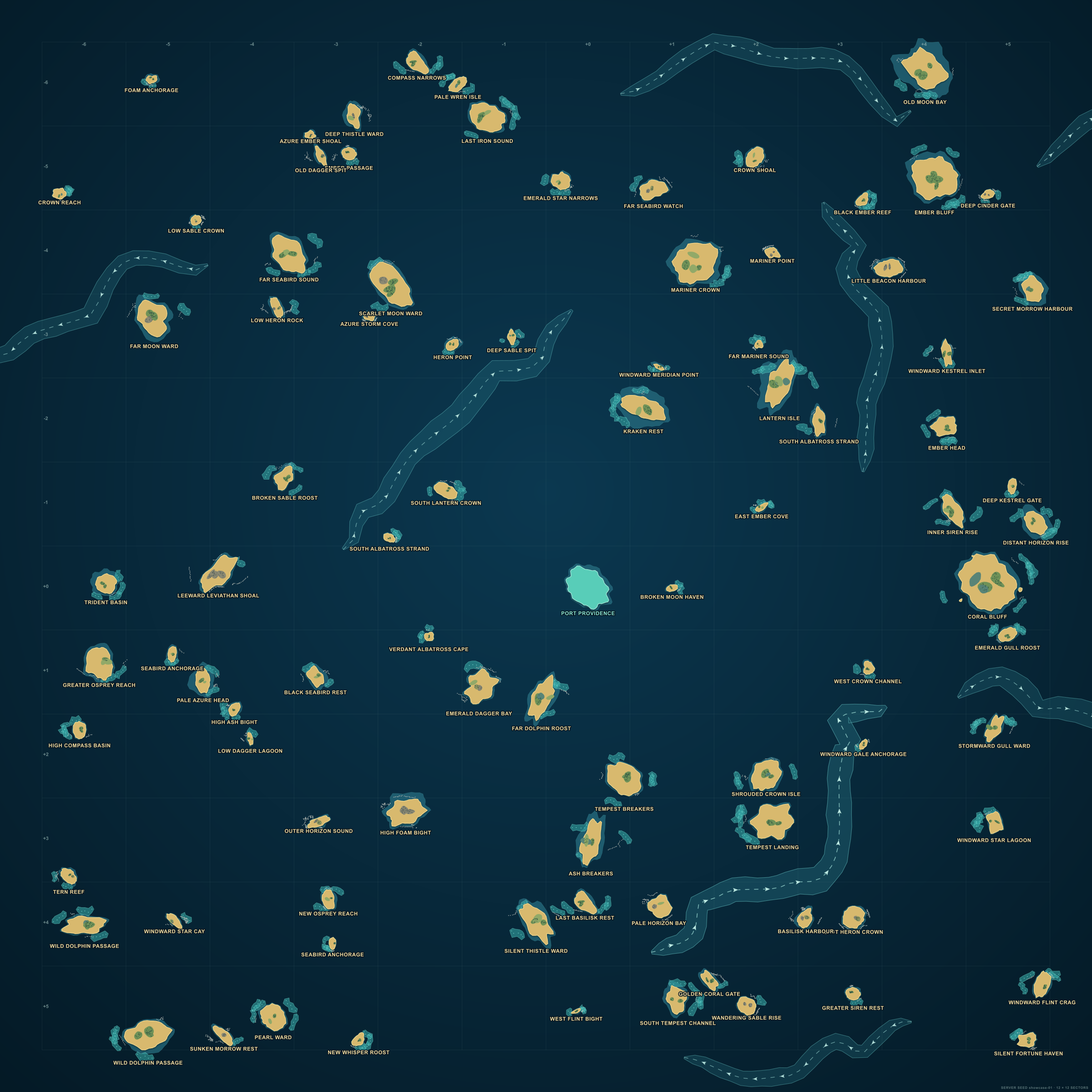 Generated world map with named islands, ocean currents, and Port Providence